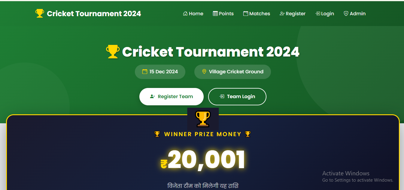 Cricket Tournament Management System in PHP – Team Registration, Matches & Points Table